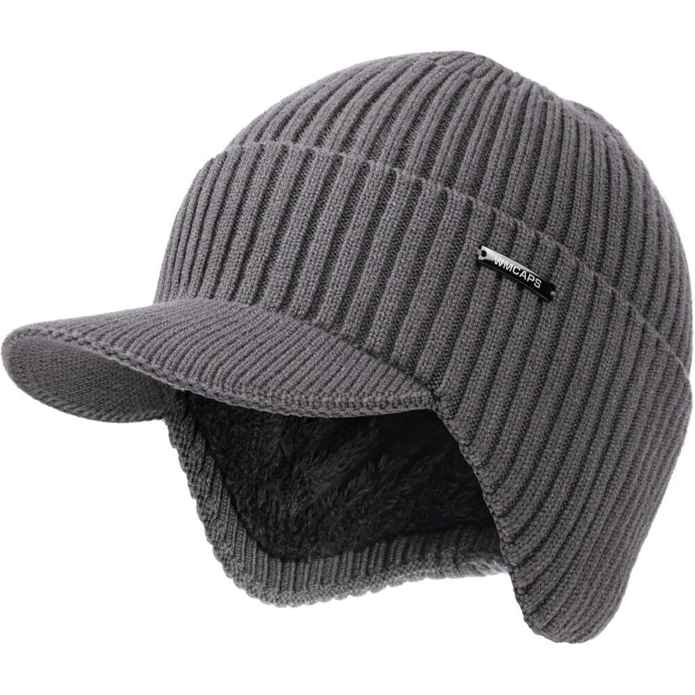 Men & Women Charcoal Gray Beanie with Brim and Ear Flaps Fleece-Lined Hat